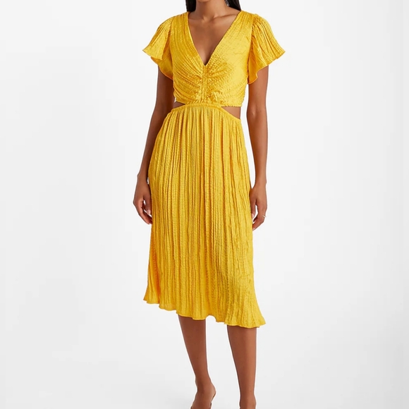 Express Dresses & Skirts - Express Satin V-Neck Flutter Sleeve Pleated Cutout Midi Dress.